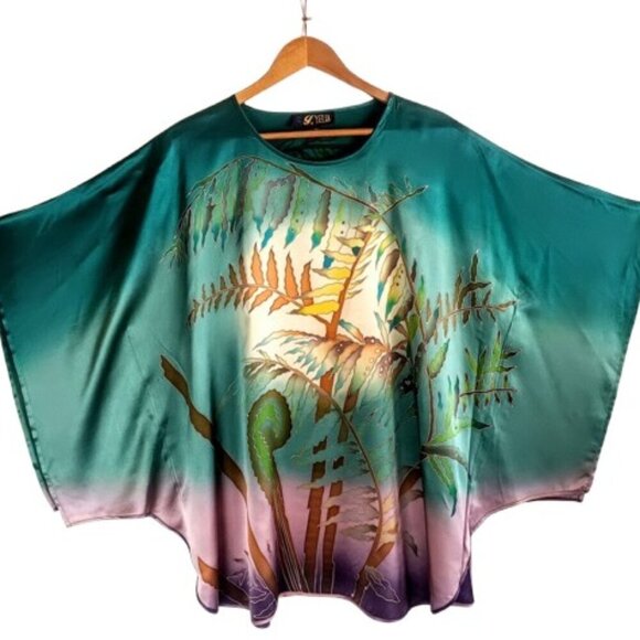 Hand-Painted Floral Mulberry Silk Tunic Top - Picture 1 of 7